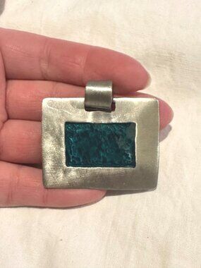 Handmade Silver Tone Pendant With Textured Green Enamel Center Modern Rectangul